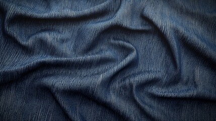Naklejka premium Crumpled dark blue denim fabric showing texture, good for backgrounds. This could be the background of an advertisement for clothing
