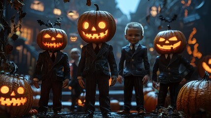 Child in halloween day, make up or custume to be the evil going to trick or treat with Jack O Lantern