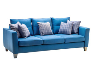 Fototapeta premium a straight blue sofa with plush cushions, stylishly standing on wooden legs, isolated on a white background.
