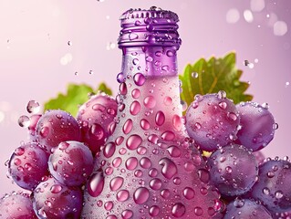 Close-up of a purple grape soda bottle surrounded by fresh grapes, covered in water droplets, evoking refreshment and sweetness.
