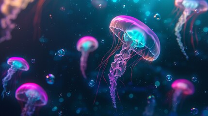 Naklejka premium Many jellyfish are swimming in dark water surrounded by bubbles. The jellyfish and bubbles are glowing in pink and turquoise colors