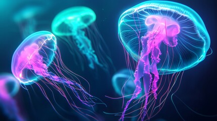 Obraz premium Gracefully swimming in the dark ocean depths, glowing pink and blue jellyfish add vibrant color to the underwater world