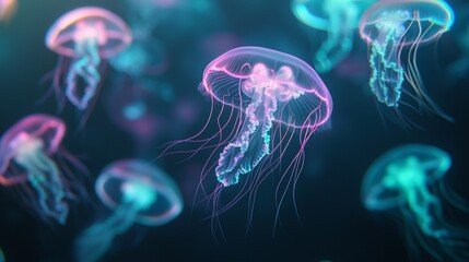Mesmerizing pink and blue jellyfish gracefully swim in dark water, creating a vibrant and colorful underwater scene
