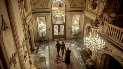 movie poster of Write a script for a murder mystery dinner party set in a lavish mansion, where guests take on roles and work together to solve the crime