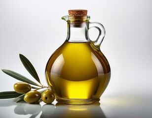Glasflasche mit hochwertigem Oliven&ouml;l isoliert auf wei&szlig;em Hintergrund