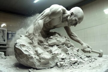 Empowerment journey: figure carving itself from a large stone, representing art of self improvement and process of removing excess, highlighting beauty of creating one own path through determination.
