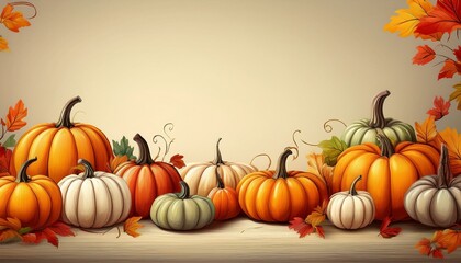 Variety of decorative pumpkins illustration, Thanksgiving concept