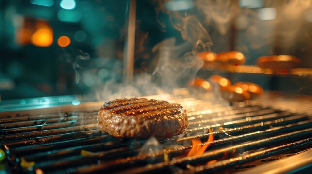Close-up of a sizzling burger patty grilling on an open flame, with a smoky ambiance and a vibrant, busy background in a professional kitchen.