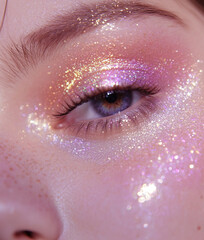 Portrait of young beautiful woman with pink shimmer eyeshadow make-up, close-up