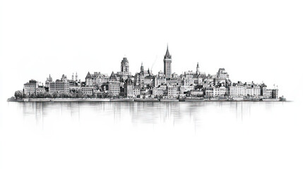 Fototapeta premium Quebec City, Canada, black and white pen pencil hand-drawn effect drawing illustration for travel poster, card, wallpaper, backdrop or banner. Modern, clear, artistic and simple