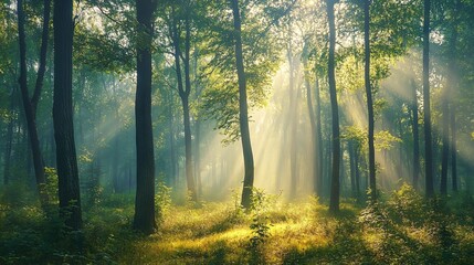 Fototapeta premium Sunbeams Illuminating a Misty Forest