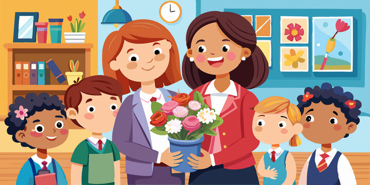 A joyful school experience is captured in a portrait featuring first-grade students alongside their female teacher on the inaugural day of school. The woman, holding a bouquet of flowers