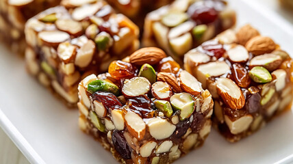Square fruit and nut bars featuring almonds, pistachios, and raisins, bound together with a glossy caramel-like coating, displayed on a white plate, offering a crunchy, sweet, and nutriti