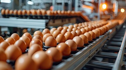 Rows of brown eggs move along a conveyor belt in an automated egg processing facility, showcasing industrial food production and modern packaging systems.
