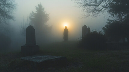Ghostly figure floating near a tombstone in a foggy cemetery