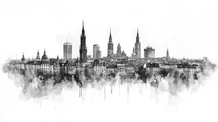 Fototapeta premium Radom, Poland, black and white pen pencil hand-drawn effect drawing illustration for travel poster, card, wallpaper, backdrop or banner. Modern, clear, artistic and simple