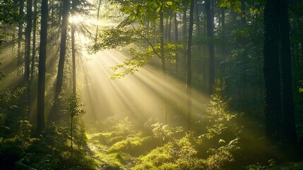 Obraz premium Sunbeams Breaking Through Dense Forest Fog