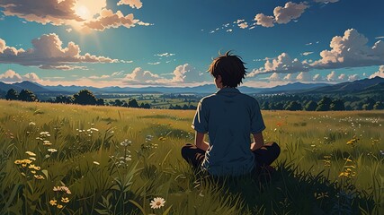 Anime Boy Sitting in Field with Mountains in Background