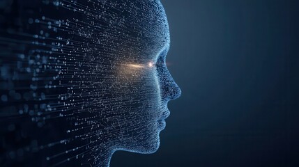 Futuristic artificial intelligence concept, digital data flowing from a humanoid figure.