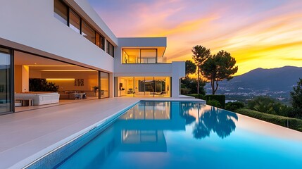 Fototapeta premium A modern villa with a pool, showcasing a sunset view and sleek architecture.
