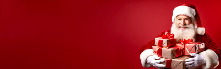 Weihnachtsmann mit Geschenken vor rotem Hintergrund 