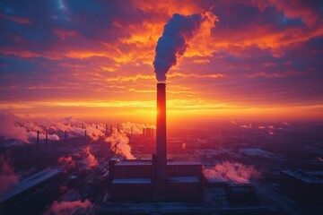Obraz premium Industrial Sunset: A Factory's Silhouette Against a Fiery Sky