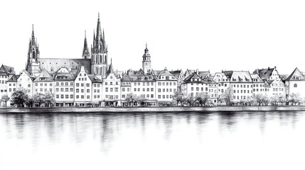 Obraz premium Regensburg, Germany, black and white pen pencil hand-drawn effect drawing illustration for travel poster, card, wallpaper, backdrop or banner. Modern, clear, artistic and simple