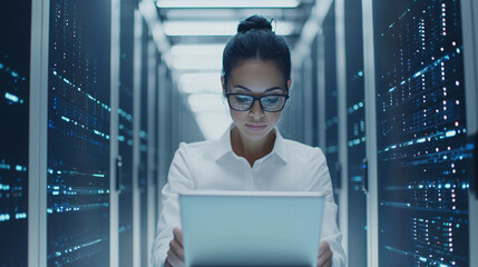 A focused female Chief Technology Officer in a big data center, utilizing her laptop to engage servers, signaling the beginning of information digitalization in a modern warehouse.