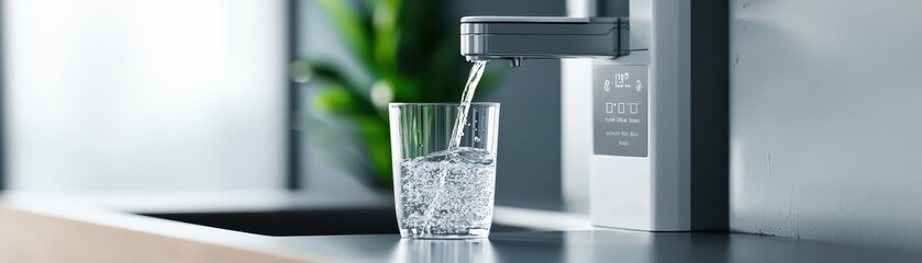 Water dispenser pouring fresh water into a clear glass on a modern countertop.