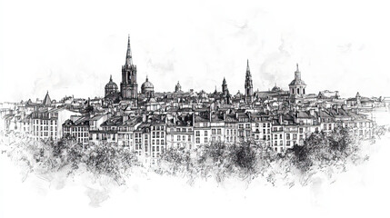 Rennes, France, black and white pen pencil hand-drawn effect drawing illustration for travel poster, card, wallpaper, backdrop or banner. Modern, clear, artistic and simple