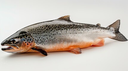 Obraz premium Close-up of a whole salmon fish with detailed scales and fins, showcasing freshness and quality for seafood preparation. 