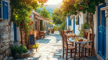 Fototapeta premium A street in a typical Greek traditional town in Greece has an outside cafe. Coffee and lunch food on the table