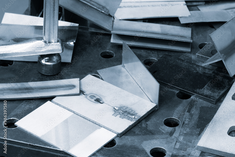 Poster a pile of metal pieces with a few of them having holes in them. the pile is on a table. metalworking