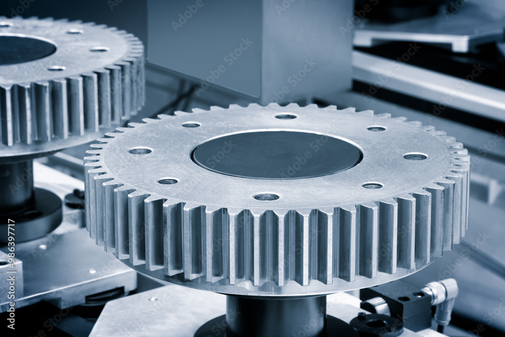 Poster Two gears are shown in close up, one of which is missing a tooth. Concept of precision and engineering, as the gears are likely being manufactured or assembled for a machine or device