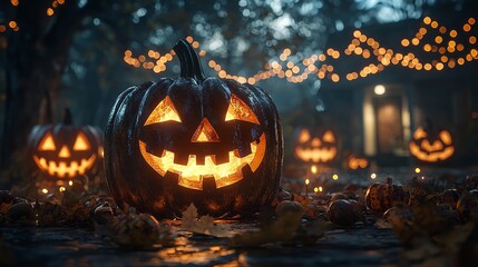 Fototapeta premium A glowing jack-o'-lantern in the middle of a dark, foggy forest.