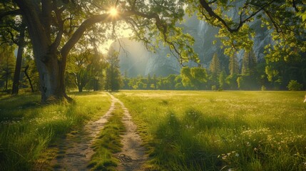 Fototapeta premium A path leads through a lush green field with a tree in the background