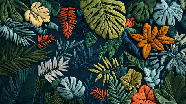 Beautiful jungle motif embroidery on a retro-inspired textile design. Embroidery. Illustration