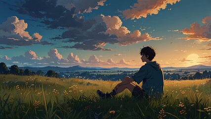 Lonely Figure at Sunset in a Field