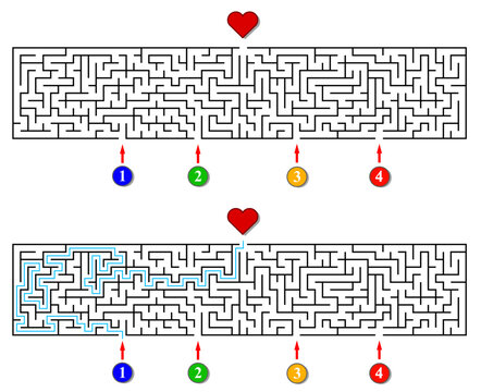 Search for love maze. Amour labyrinth with 4 entrances. Find the right way and reach the red heart. Mental educational game template with clue. Vector illustration.