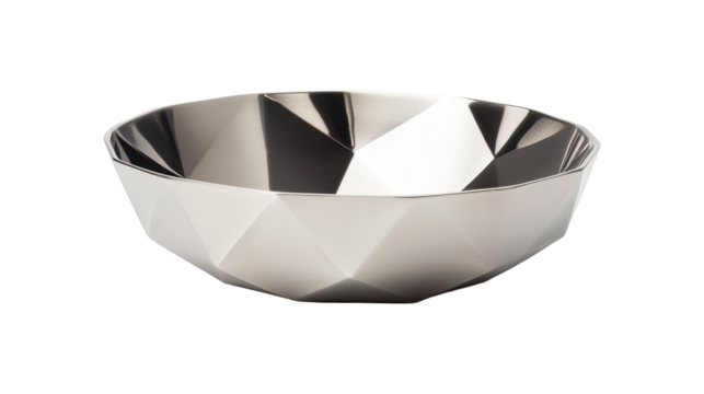 Geometric silver metal bowl with a modern and angular design. The polished surface creates a reflective and elegant aesthetic, ideal for contemporary decor. Isolated on transparent background, png.