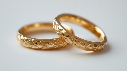 elegant gold wedding rings displayed on a white background, featuring a macro shot that reveals the intricate details and craftsmanship of this classic jewelry