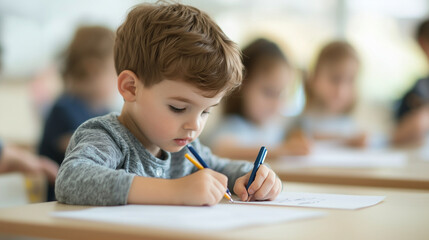 Delightful small boys and girls actively participating in a fun learning activity to master basic reading and writing skills, centered around the alphabet in a vibrant educational