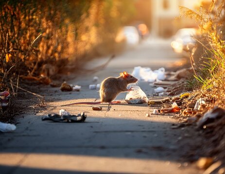 Rat noir nuisible dans la rue  ou dans une impasse mangeant des d&eacute;chets dans un quartier r&eacute;sidentiel par beau temps