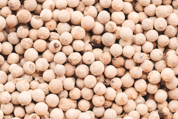 A close up of white peppercorns. The peppercorns are small and white in color