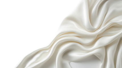 Draped white silk fabric featuring a soft texture and smooth folds. Elegant material creates a sense of luxury and fluid movement, perfect for interior decor. Isolated on transparent background, png.