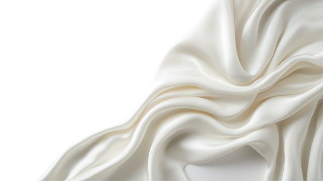 Draped white silk fabric featuring a soft texture and smooth folds. Elegant material creates a sense of luxury and fluid movement, perfect for interior decor. Isolated on transparent background, png.