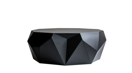 Faceted black metal low table with a striking geometric design and angular surfaces. Perfect for adding a bold, contemporary touch to any space. Isolated on transparent background, png.