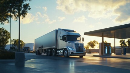 Semi-Truck at Sunset Fuel Station