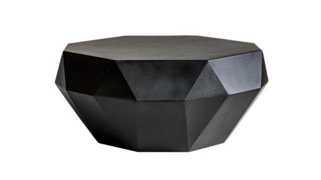 Geometric black metal octagonal table with faceted sides and a sleek modern design. Isolated on transparent background, png.