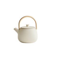 Obraz premium Minimalist ceramic teapot with a smooth finish and a curved wooden handle. This elegant design is perfect for modern kitchen settings or tea presentations. Isolated on transparent background, png.